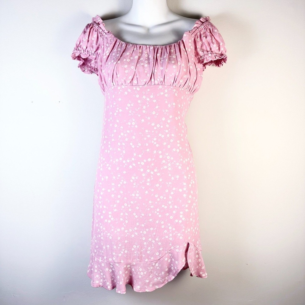 LoveTree Dress Women L Pink Open Back Puff Slv Babydoll Coquette Ruffle Hem NWOT